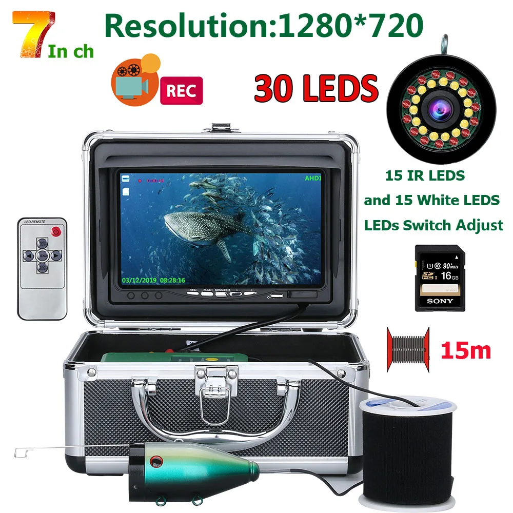 

Подводная рыболовная камера DVR, экран 1280 х30 м, 15 шт. белых светодиодов, 15 дюймов, 720 пикселей, 15 м/30 м
