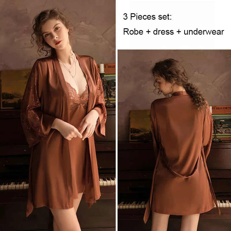 Tulin Модные Шелковые халаты женские пижамные комплекты из 3 предметов ночная