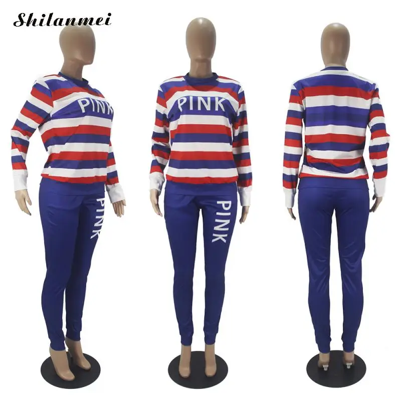 

Striped Casual Tracksuits Suits Pink Letter Print Two Piece Set O Neck Tshirt Top And Pants Sets 2021 Spring Female Outfits XXL