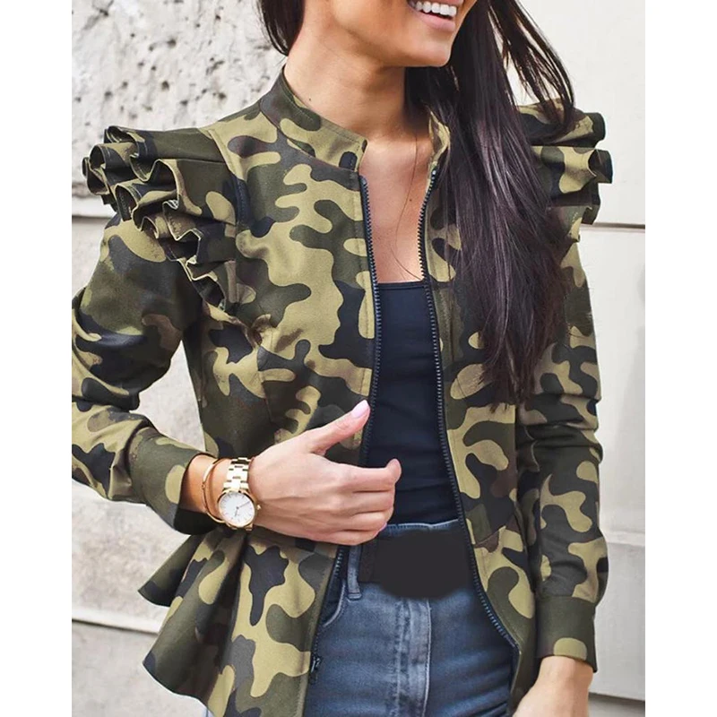 

Woman Jacket Vintage Zipper Autumn Winter Long Sleeve Ruffle Pacthwork Army Plus Size 3XL Female Coat Mujer Chaqueta SJ6899C