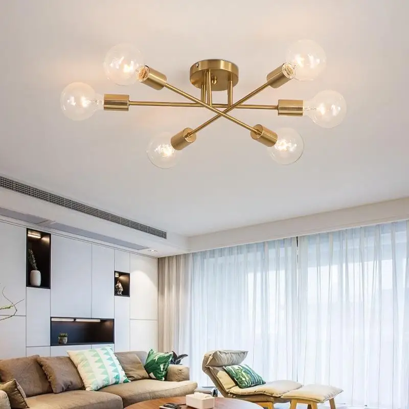 DARHYN-Lámpara de araña moderna Sputnik, lámpara de techo semiintegrada, iluminación de oro antiguo cepillado, 6 luces, decoración nórdica para el hogar