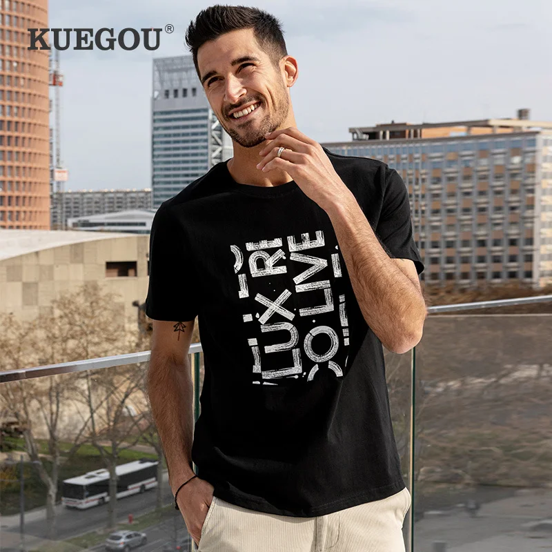 

KUEGOU 2022 Summer 100% Cotton Print White T Shirt Men Tshirt Brand T-shirt Short Sleeve Tee Shirt Fashion Clothes Top 90028