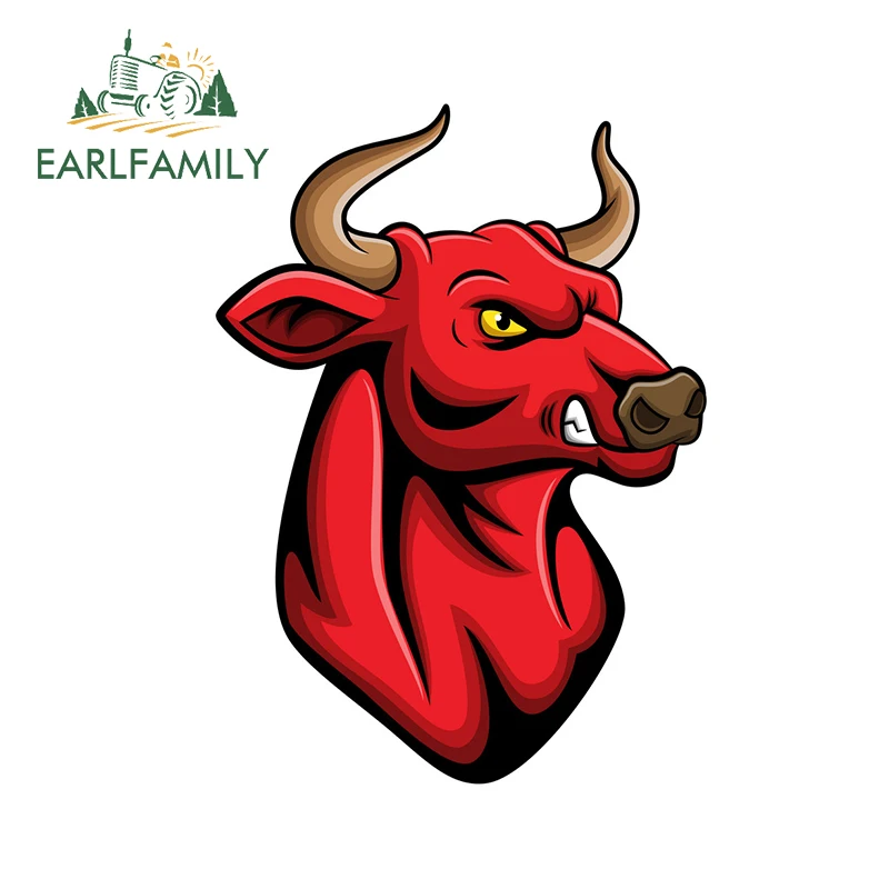 Наклейка для автомобиля EARLFAMILY 13см х 9,5см с изображением злого быка в стиле мультфильма, водонепроницаемая, защищает окна и бампер от царапин и ограничивает обзорность.