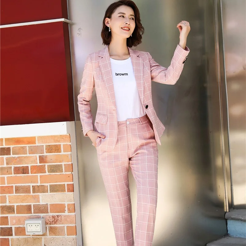 Женский офисный блейзер в розовую клетку деловые костюмы брюки и пиджак офисном