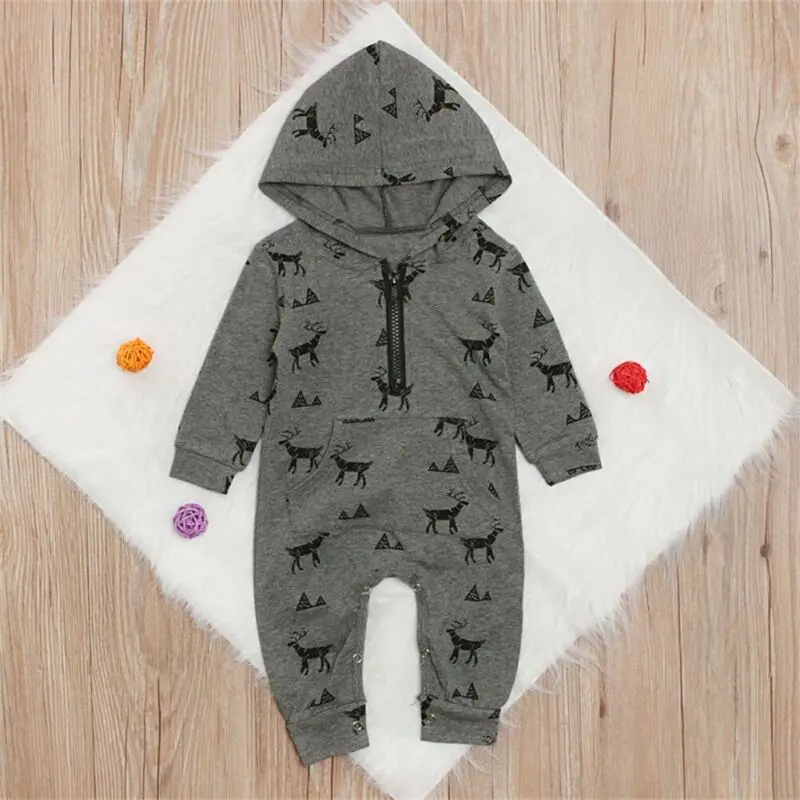

Autumn Warm Baby Xmas Jumpsuit Boysuit For Toddler Infant Reindeer Print Romper Long Sleeves Hooded Boy Winter Christmas Clothes