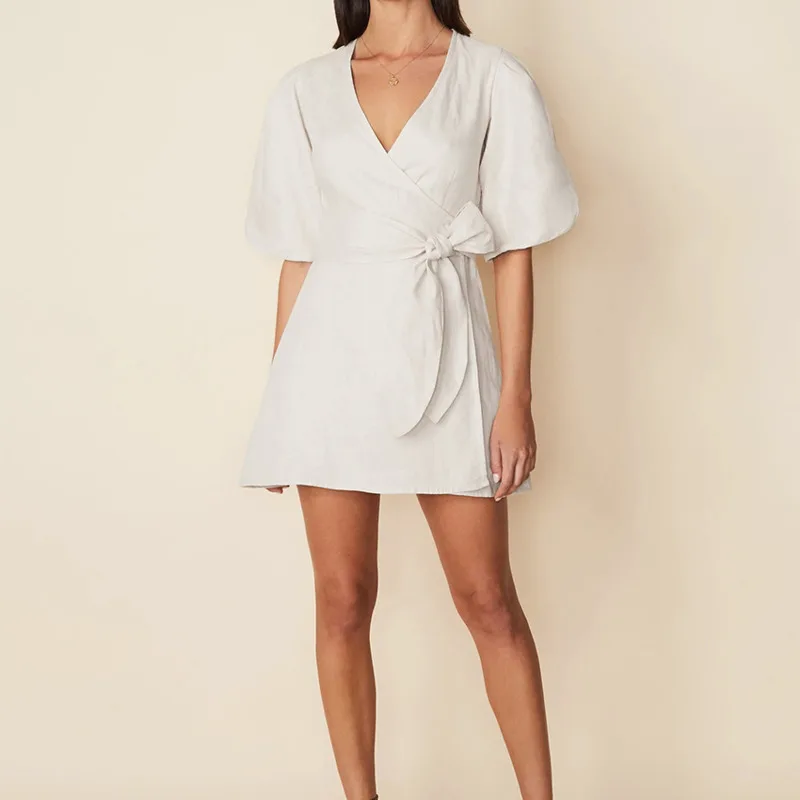 

High Waits White Wrap Women Dress Short Sleeve V-neck Casual Party Elegant Spring Summer Low Cut Belted Chic Mini Lady Dress