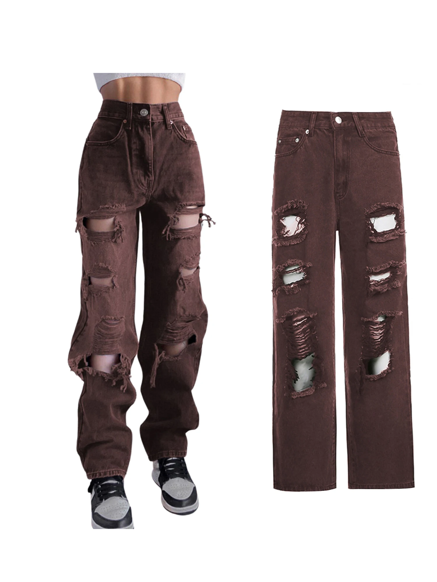 

Women Casual Ripped Jeans Adults High Waisted Solid Color Denim Pants with Pockets