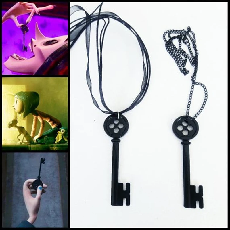 

Fashion Personality Halloween Metal Coraline Key Skeleton Props Neil Gaiman Retro Black Treasure Chest Key Necklace
