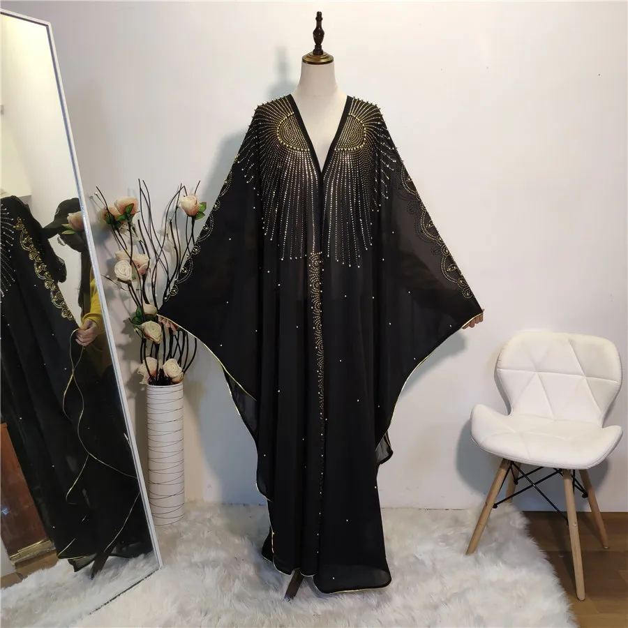 

Muslim Islam Ramadan High Quality Arab Bat Sleeve Robe Diamonds Loose Dress Hooded Prayer Garment Dubai Cloak Women's Abaya