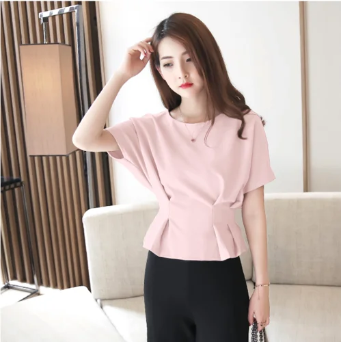 Розовый Blusas mujer de moda, женские топы, шорты, женские топы и блузки размера плюс, топы для женщин, одежда с оборками, одноцветные, с рукавами летучая мышь 0004 - Цвет: Розовый
