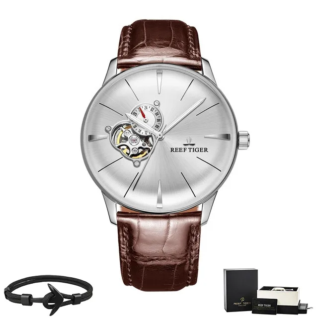 Reef Tiger бренд Tourbillon черный циферблат водонепроницаемые автоматические часы Топ Механические Роскошный кожаный ремешок мужские часы reloj hombre - Цвет: RGA8239-YWS Box Gift