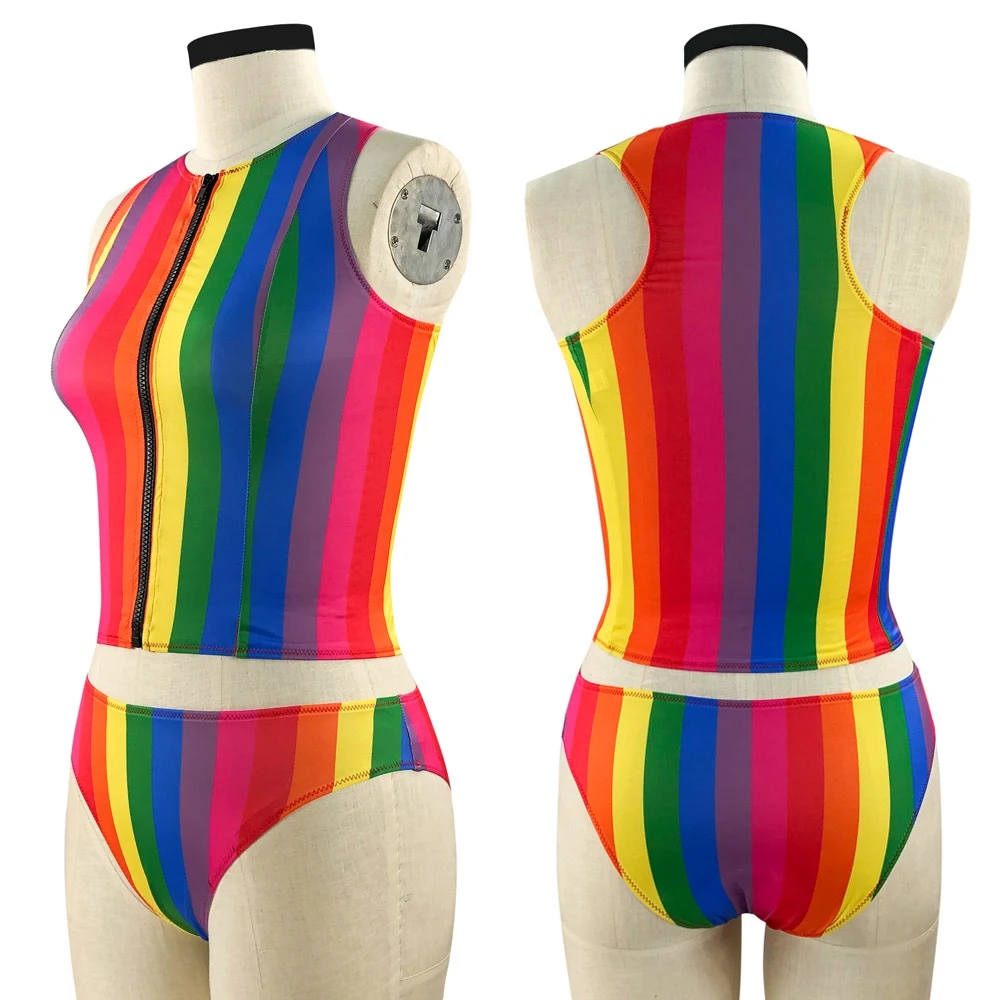 Купальник в полоску с разрезом на молнии С Разноцветными полосками для пляжа