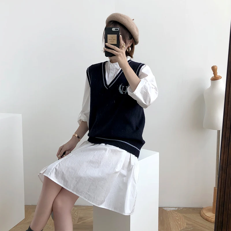 Женский пуловер без рукавов Осень 2019 корейский стиль преппи повседневные буквы