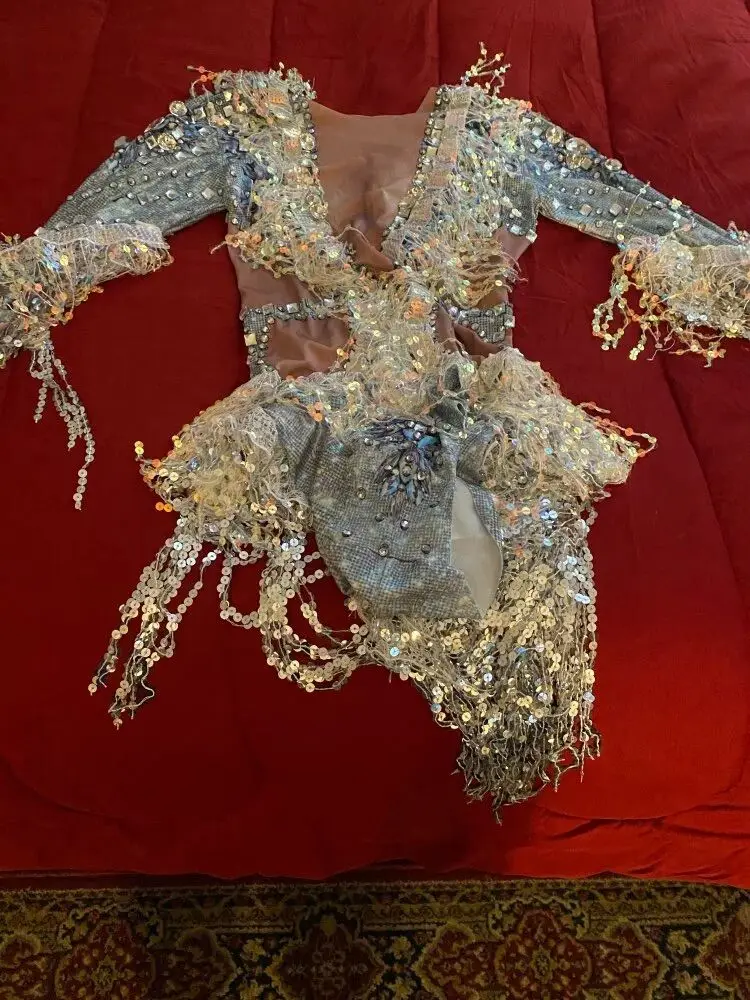

Silver Rhinestones Glitter Sequins Tassel Sleeve Bodysuit Women Stretch Fringe Dance Costume Club Bar Singer Leotard Stage Wear