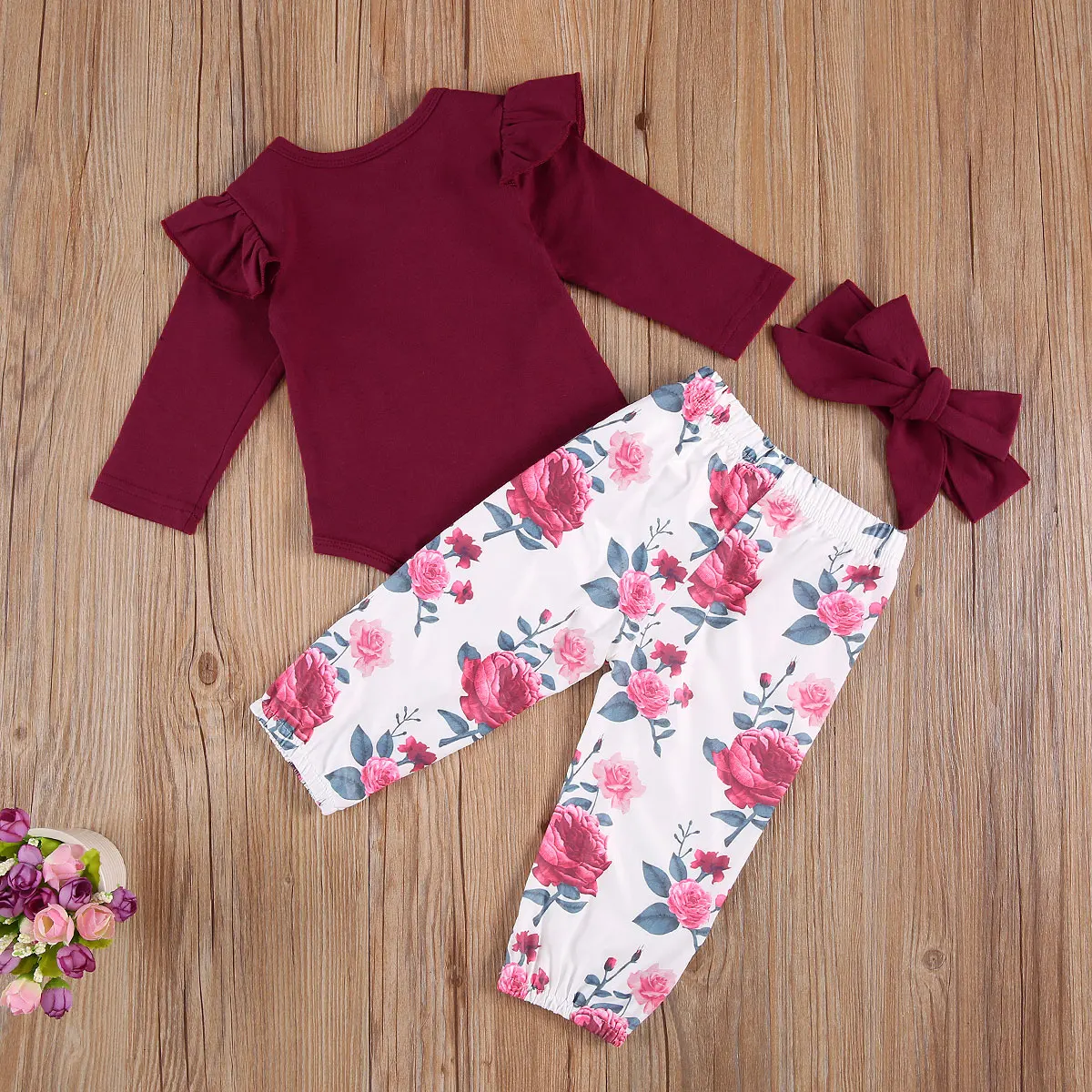 

2020 0-24M Infant Baby Girl Clothes Letter Print Ruffle Top Romper+Floral Print Long Pants Headband 3pcs Set