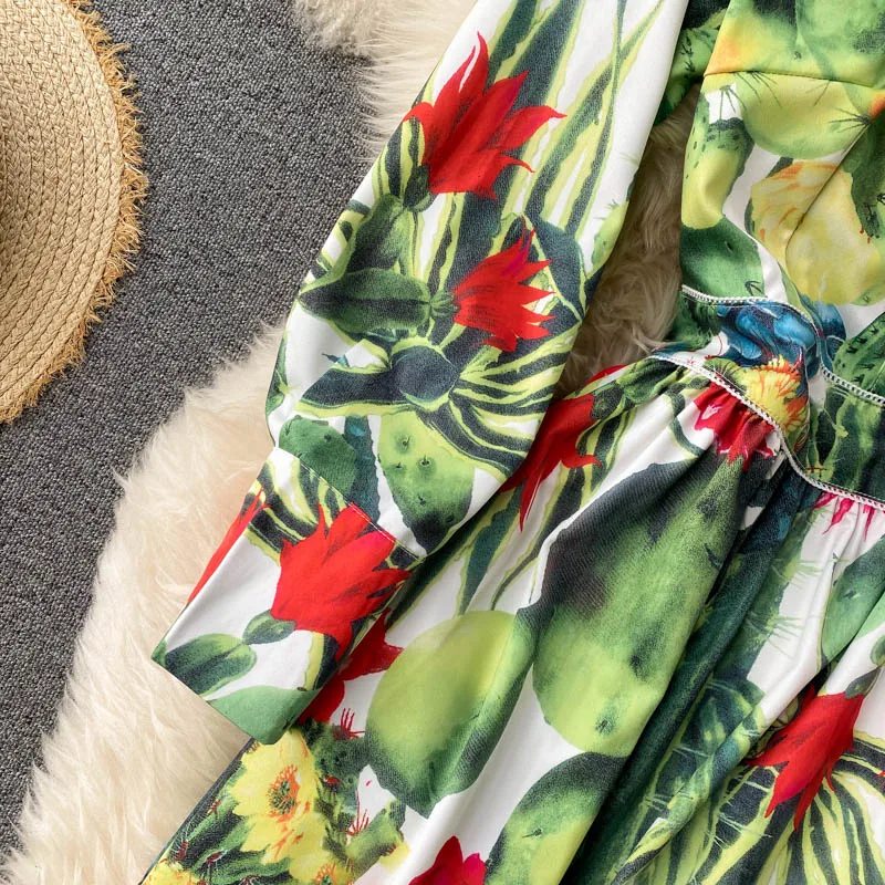 

Spring 2021 Temperament Fashion New Printed Vestidos Female Lapel Lantern Sleeve Elegant Temperament Midi Dress