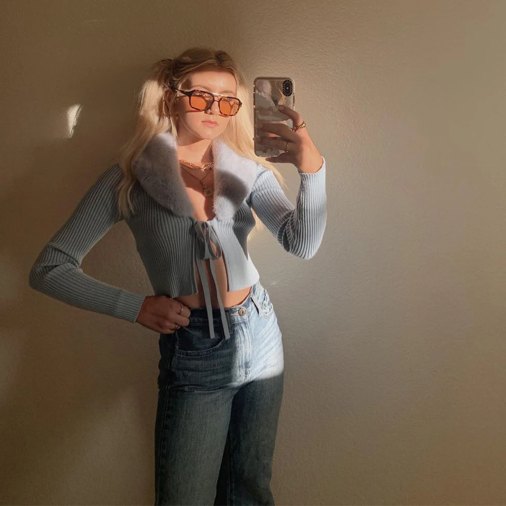 

Pop New Autumn Winter Women Knit Cardigan Contrast Faux Fur Collar Long Sleeves Fashion Chic Sweater