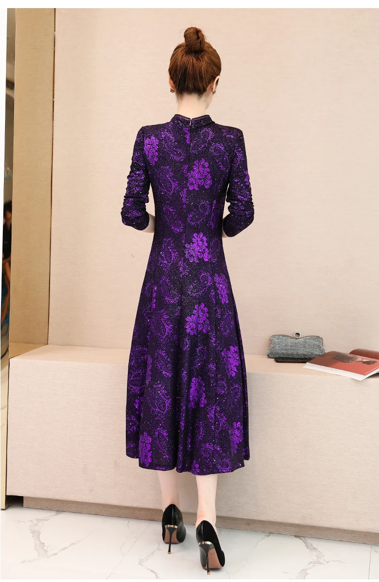 Осень Зима Новое поступление размера плюс M-3XL Ретро Cheongsam стоячий воротник жаккард длинный рукав женское длинное платье