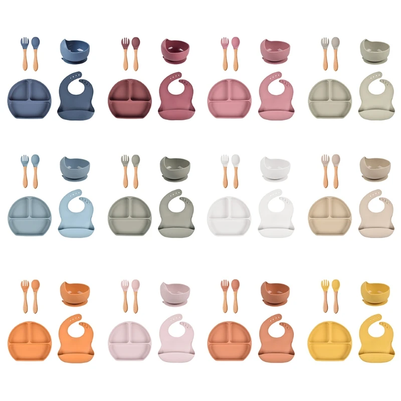 

5 Pcs Baby Silicone Bibs Divided Dinner Plate Sucker Bowl Spoon Fork Set Training Feeding Food Utensil Dishes Tableware Kit for