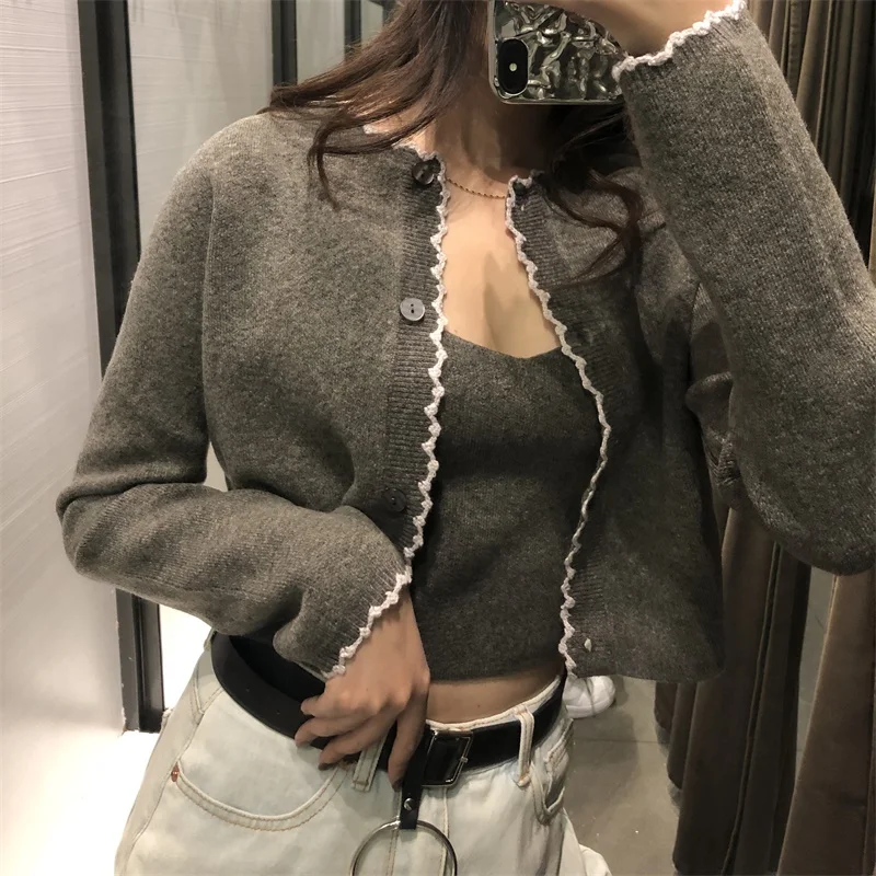

Women 2021 Fashion Round Neck Cardigan Sweater With Wave Lace Trim Long Sleeve Female Chic Tops