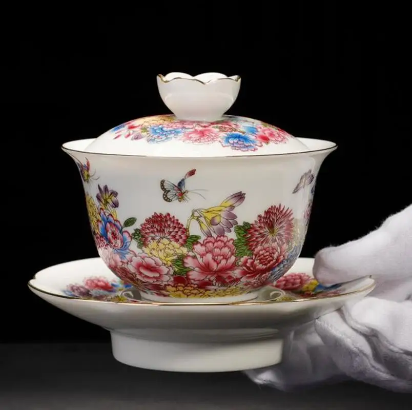 

150 мл Цзиндэчжэнь Чайный набор кунг-фу эмаль Gaiwan керамическая фарфоровая посуда для напитков офисный мастер чаша для чая с крышкой блюдца кр...