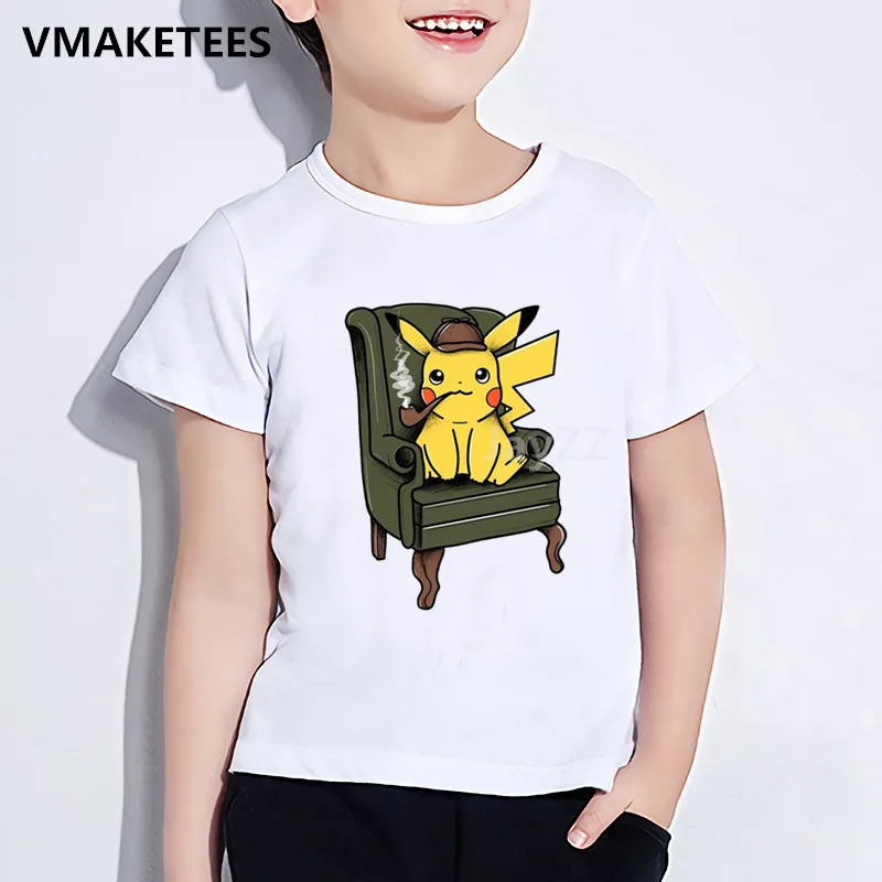 Детская футболка с принтом Pokemon Go Detective Pikachu забавная одежда летняя белая для