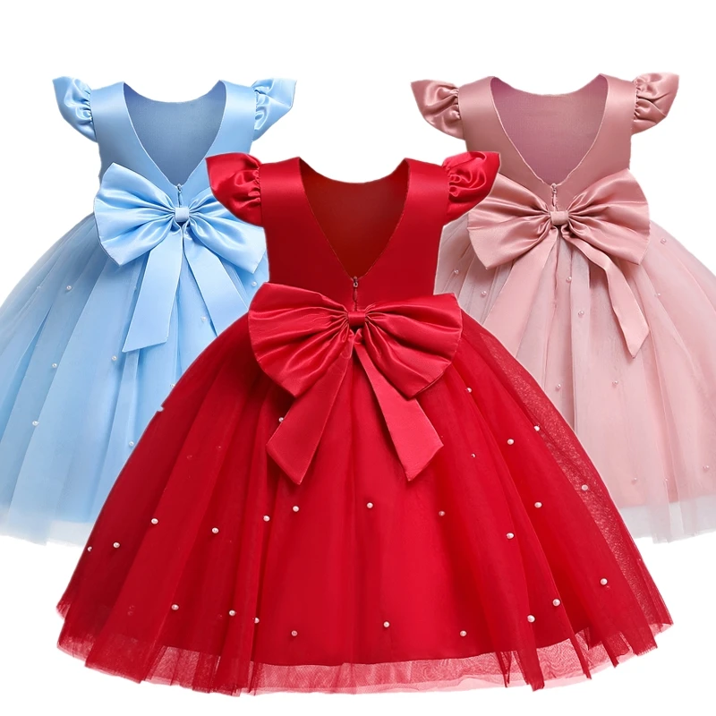 

Рождественское красное платье для маленьких девочек, официальное свадебное платье, элегантное детское платье для выпускного вечера с откр...
