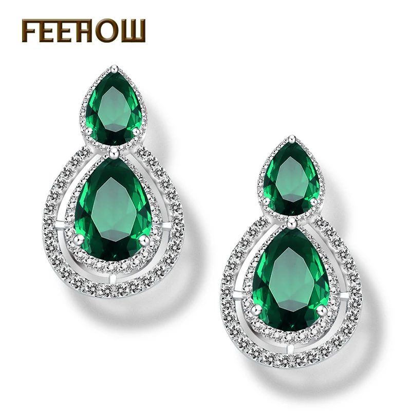 Green FEEHOW, элегантные серьги-гвоздики, великолепные циркониевые каплевидные ювелирные изделия для женщин, для свадьбы, вечеринки, ужина, подарки на день рождения, серьги FWEP043 - Окраска металла: Green