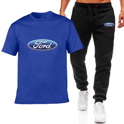 

New Fashion Summer Men Ford Car Logo Print HipHop Casual Cotton Round NeckShort Sleeve high quality T-shirt+pants suit