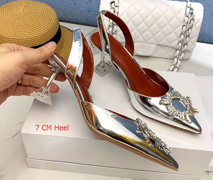 silver 7 cm Новинка; Прозрачный компас из ПВХ; женские сандалии с кристаллами; необычные прозрачные туфли на высоком каблуке с острым носком; женские свадебные вечерние туфли - Цвет: silver 7 cm