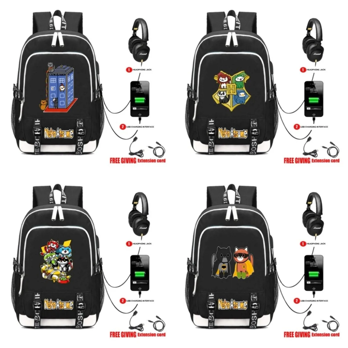 

Multifunction USB charging Headphone jack anime Neko Atsume backpack teenagers Men women Student School Bags travel bag 6 style