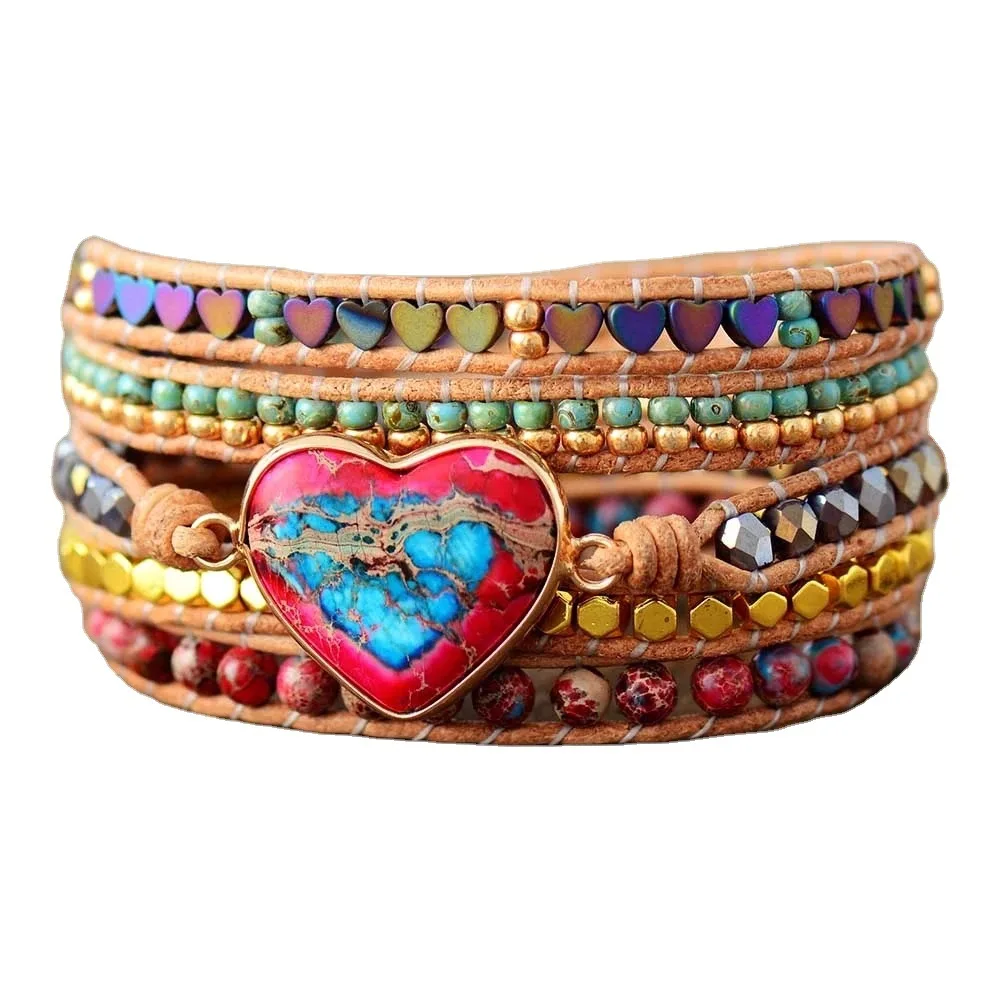 

Romantic Spiritual Chakra Leather Wrap Bracelets W/ Mix Stone Heart Shape Strands Bracelet Classic Jewelry Bijoux Dropshipping