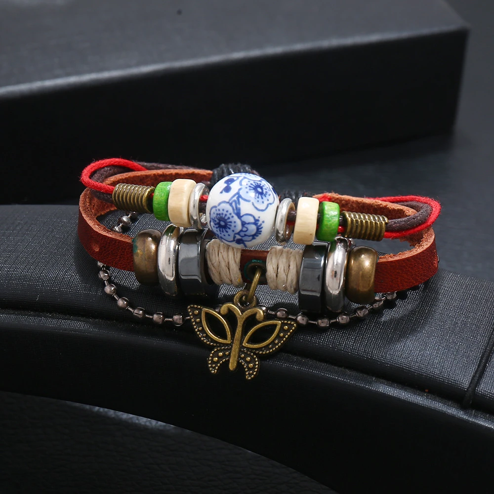 Модный винтажный Браслет манжета из сплава с подвесками в виде бабочки Кожаный