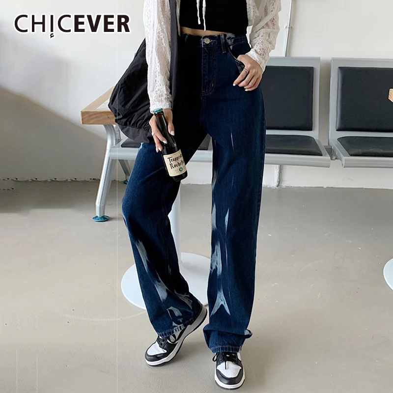 

CHICEVER Casual Denim Pant For Women High Waist Plain Single Button Patchwork Pockets Long Wide Leg Pants Female 2021 Autumn New