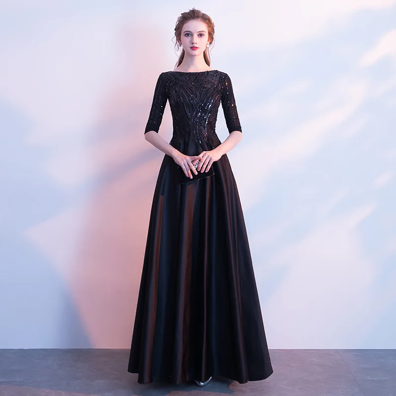 

Office Lady Exquisite Sequins Evening Party Dress Elegant Appliques Trim Pleated Dresses Black Vintage O-Neck Long Banquet Gown