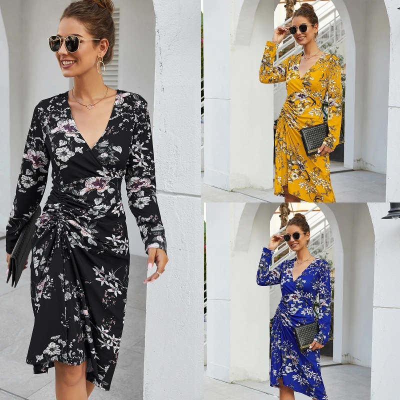 

Женское платье с длинным рукавом и V-образным вырезом, с цветочным принтом