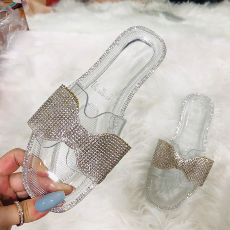 Прозрачная обувь Женские шлепанцы со стразами прозрачные Женская на плоской