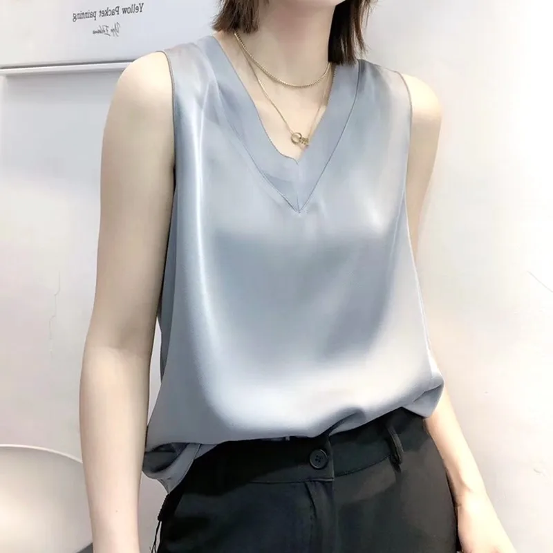 Женская Элегантная блузка однотонная белая атласная шелковая рубашка с
