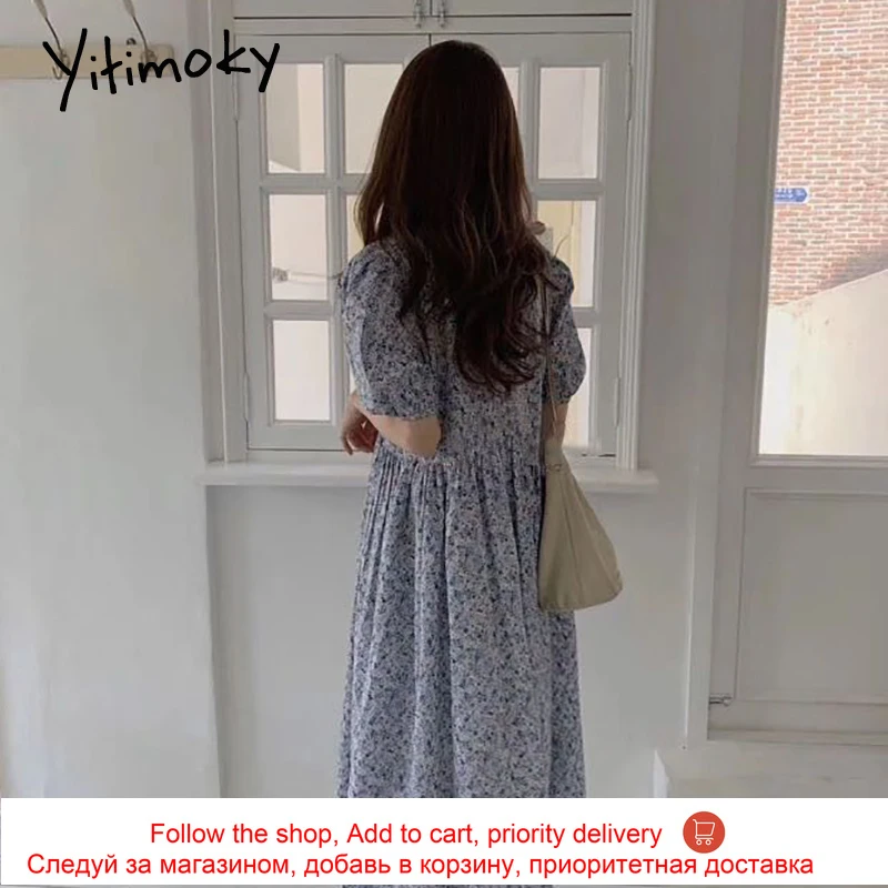 

Yitimoky Vintage Boho Floral Print High Waist Dress for Women 2021 Puff Short Sleeve O-Neck Loose A-Line Summer Korean Clothes