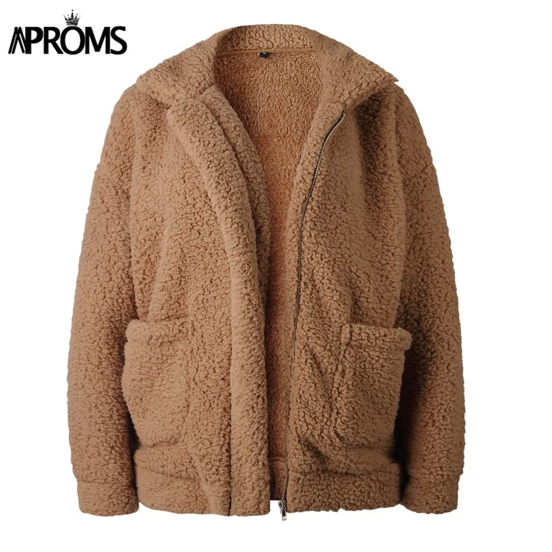 CAMEL Aproms, женские зимние теплые толстые пальто с передними карманами, осенняя Повседневная негабаритная мягкая плюшевая куртка, пальто для улицы, верхняя одежда для женщин - Цвет: CAMEL