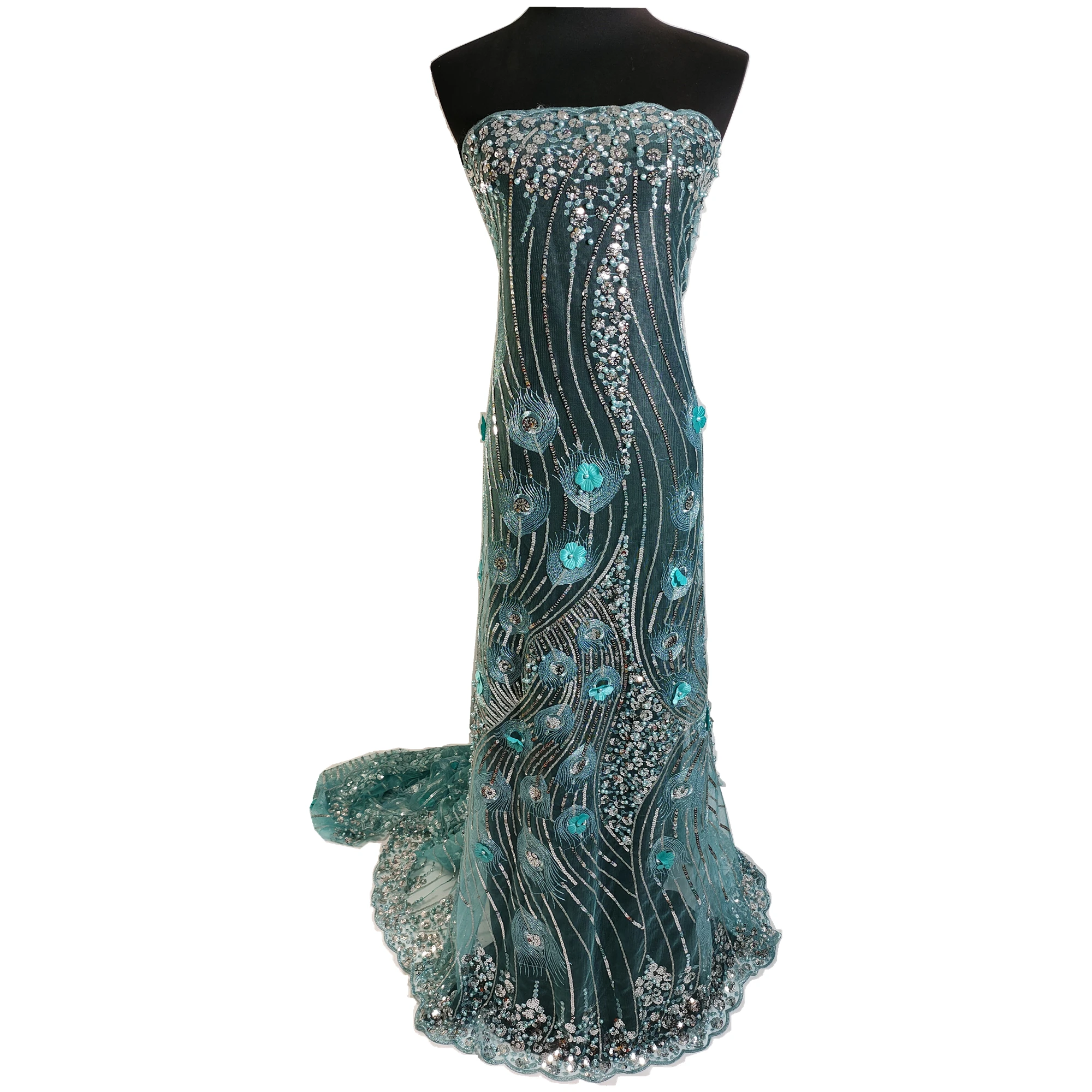 3D French Lace Fabric Mint Green Net Beaded Sequins Flowers Fabrics Luxury Evening Dress Aqua Tulle | Дом и сад