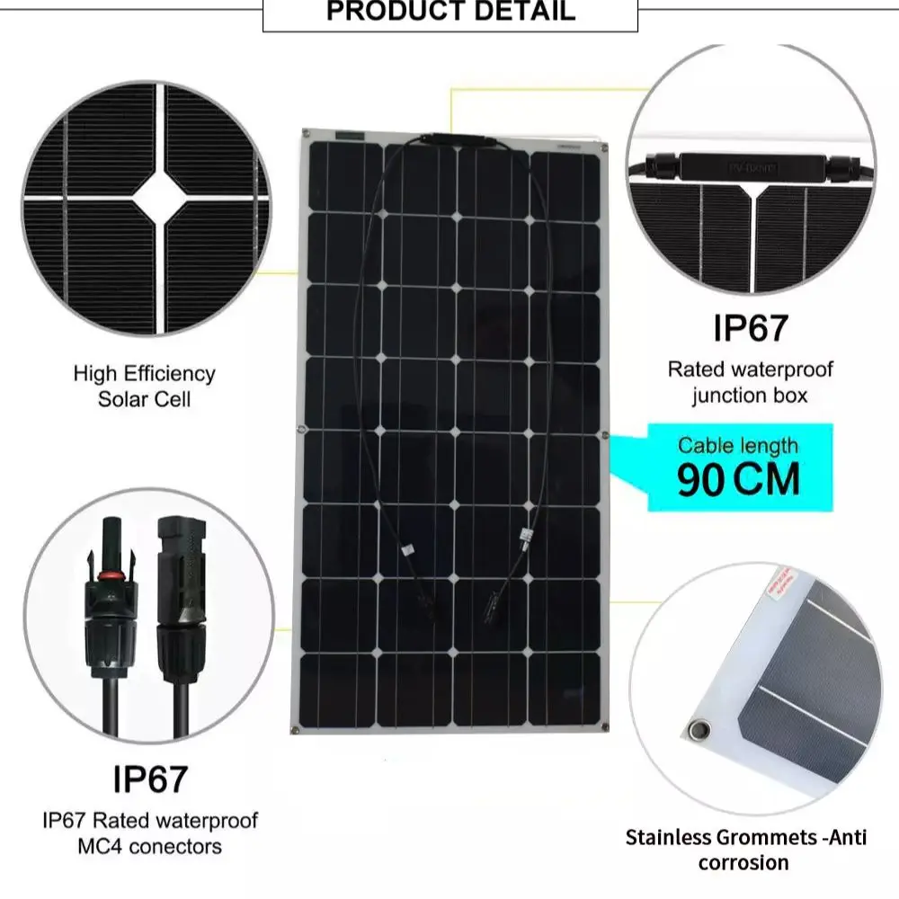 200W 100W Solar Panel 12V Flexible Monocrystalline Cell Off Grid System RV Marine 1PCS OR 2PCS 100w | Электроника