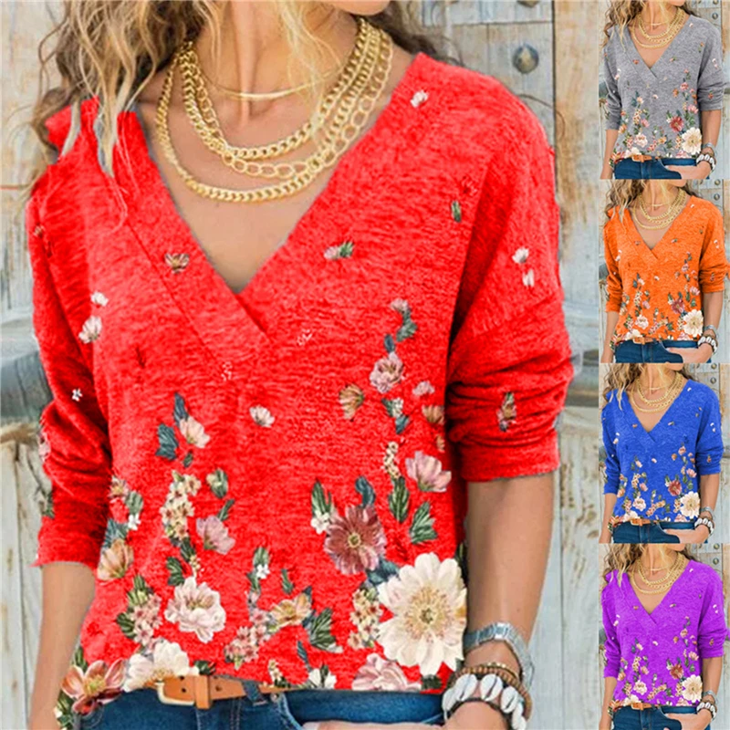 

Women Elegant Flower Print V Neck Blouse Shirt Autumn Casual Long Sleeve Pullover Tops Office Ladies Retro Plus Size Shirt Blusa