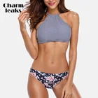 Женский полосатый купальник-бикини Charmleaks, с высокой горловиной, с цветочным рисунком