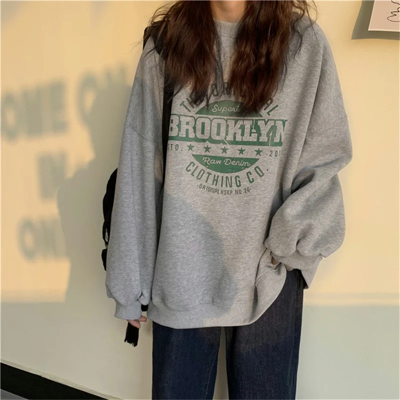 

Letter Print Sweatshirt Vintage Women Hoodies Gray Spring and Autumn Pullovers 2021 Autumn New Casual Streetwear Girls