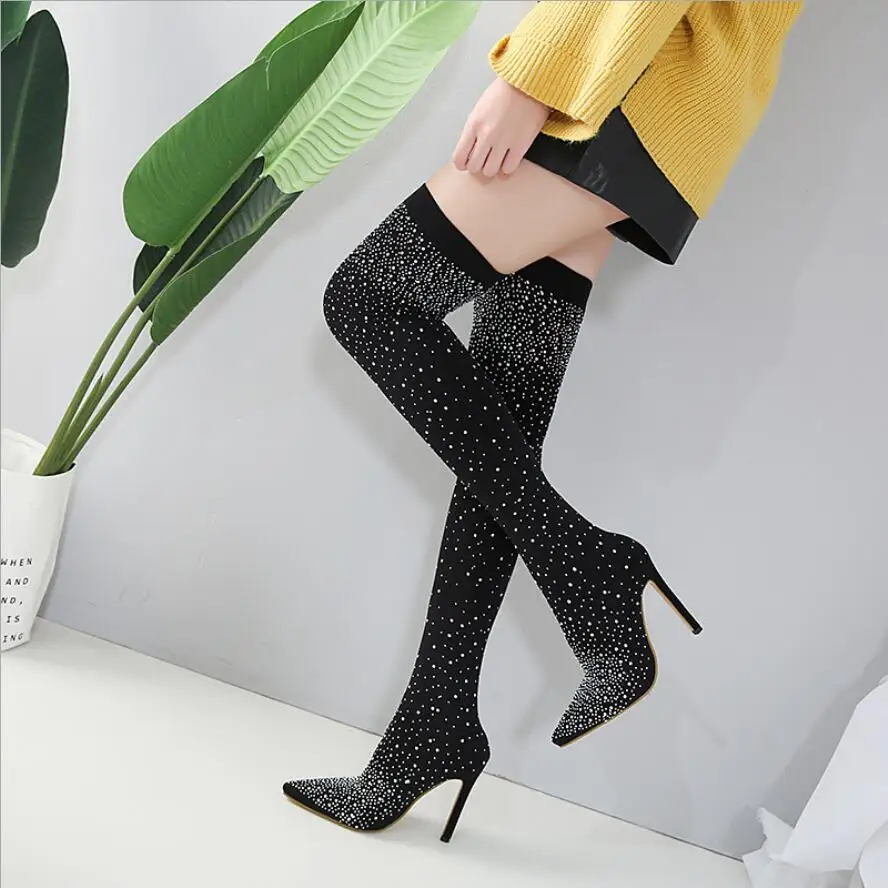 JX18 2019 Fashion Runway Crystal Stretch Fabric Sock Boots Pointy Toe Over-the-Knee Heel Thigh High Pointed Woman Boot | Обувь