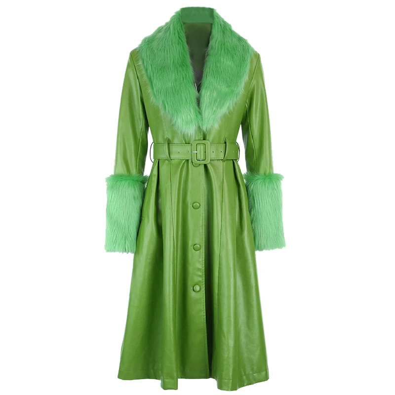 WannaThis Faux Leather Fur Coat Women With Belt Warm Thick Outwear PU Leather Streetwear Female Elegant Outwear Long Coat Green