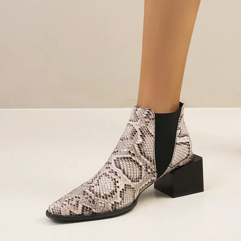 

Street Fashion All-match Ankle Boots Women Snake Pattern Pu Square Toe Concise Block Heels Chelsea Low Boots Female Shoes Size 9