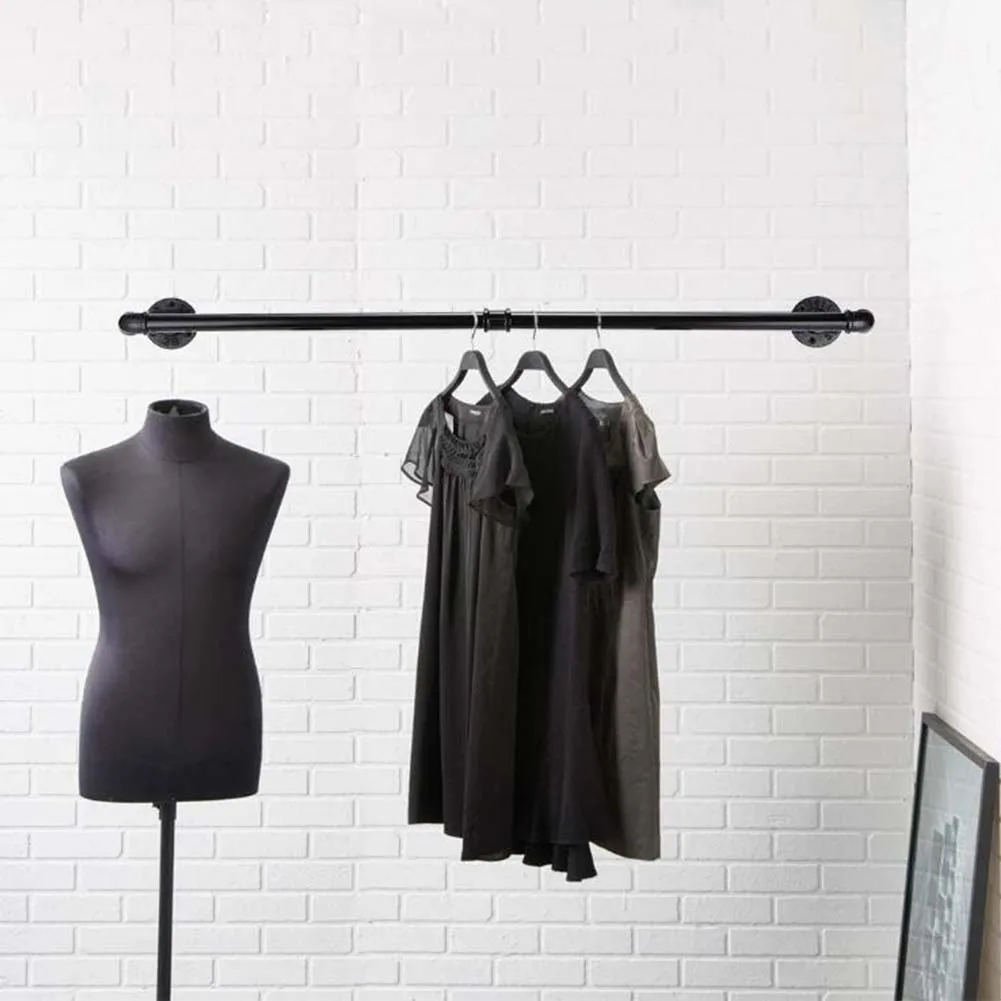 

Black Space Saving Iron Garment Wall Mounted Hanging Shelf Detachable Multipurpose Industrial Pipe Rustic Home Clothes Rack