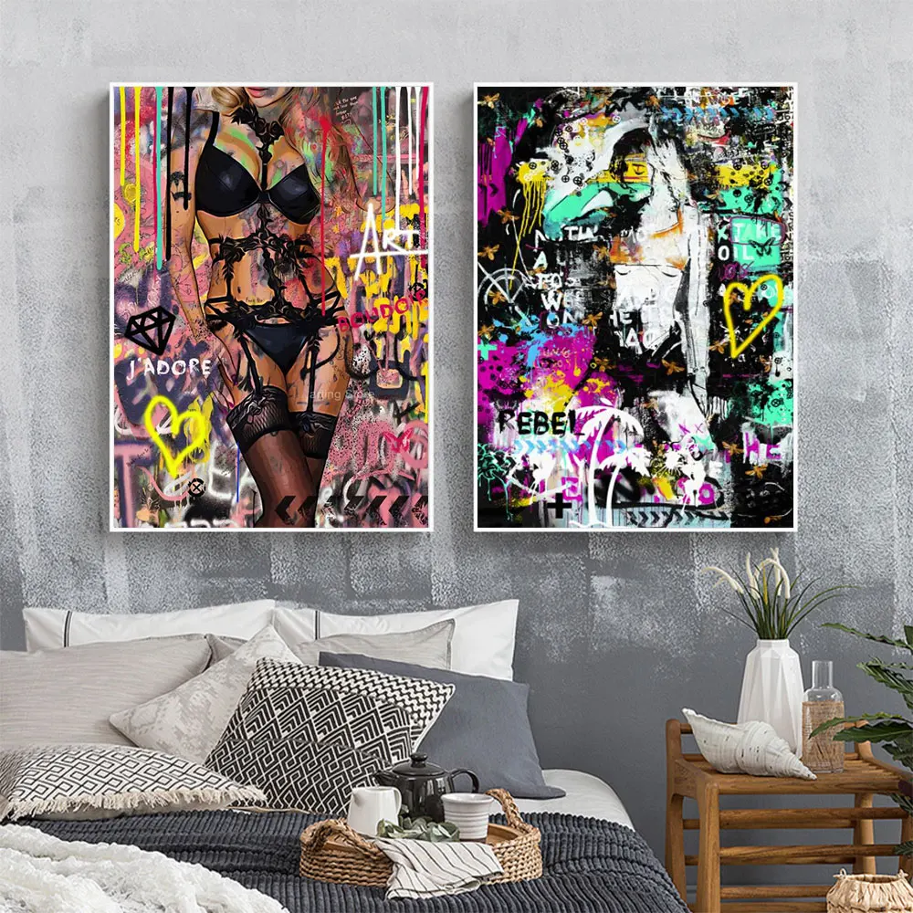 

Street Graffiti Modern Sexy Underwear Nude Woman Wall Art Poster Color Print Canvas Painting for Living Room Bedroom Decor Gift